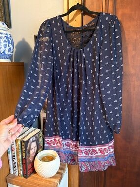Navy Boho Printed Peasant Dress with Lace Back Yoke